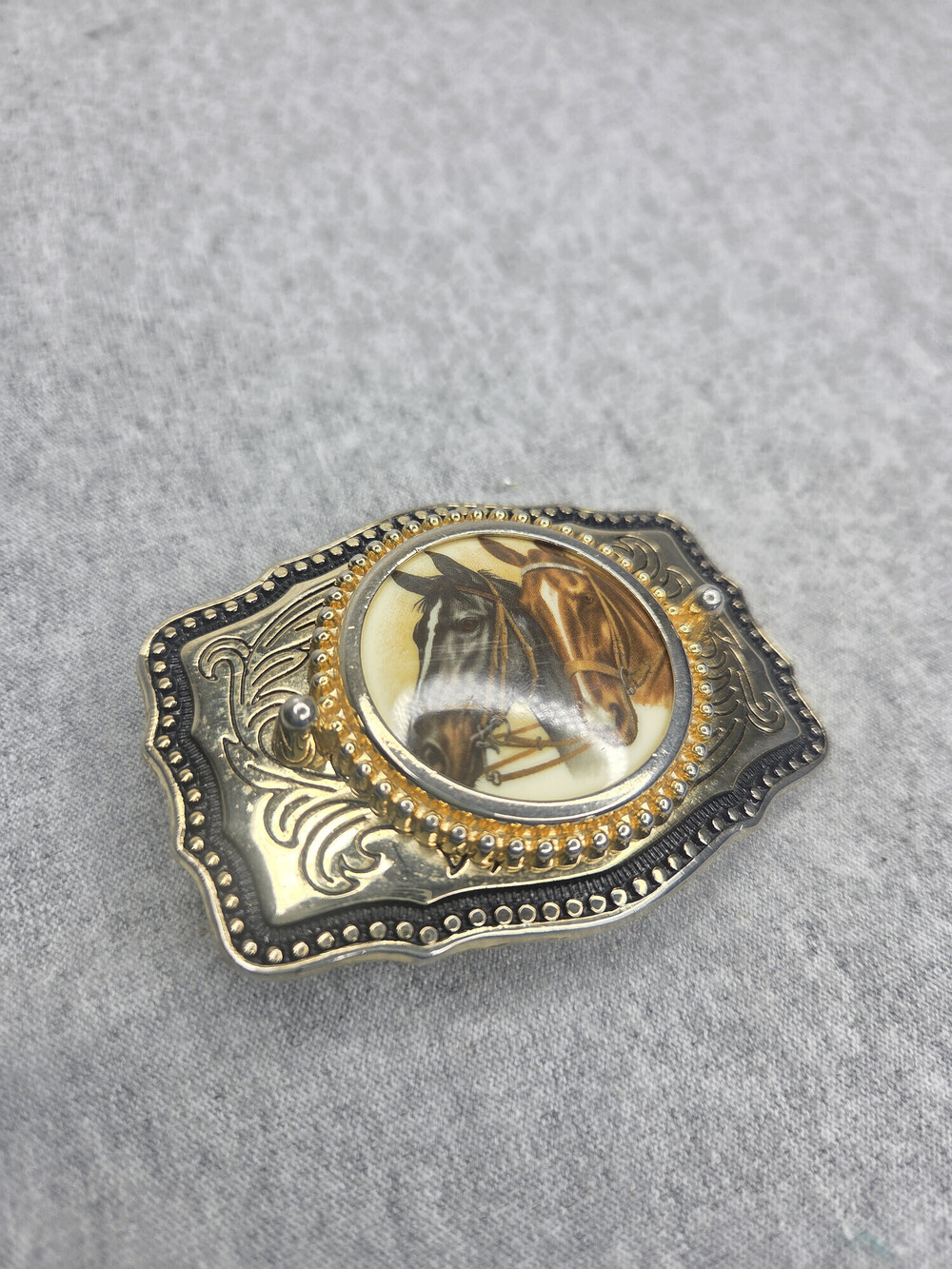 Vintage Gold Tone Filigree Belt Buckle Dual Horse Head Black Enamel USA